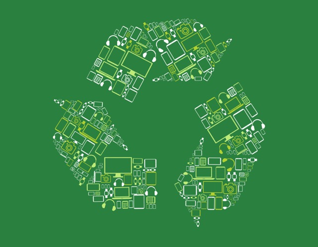 An image of a green-colored logo for e-recycling, consisting of three arrows forming a triangular loop, symbolizing the recycling of electronic waste and sustainable practices.